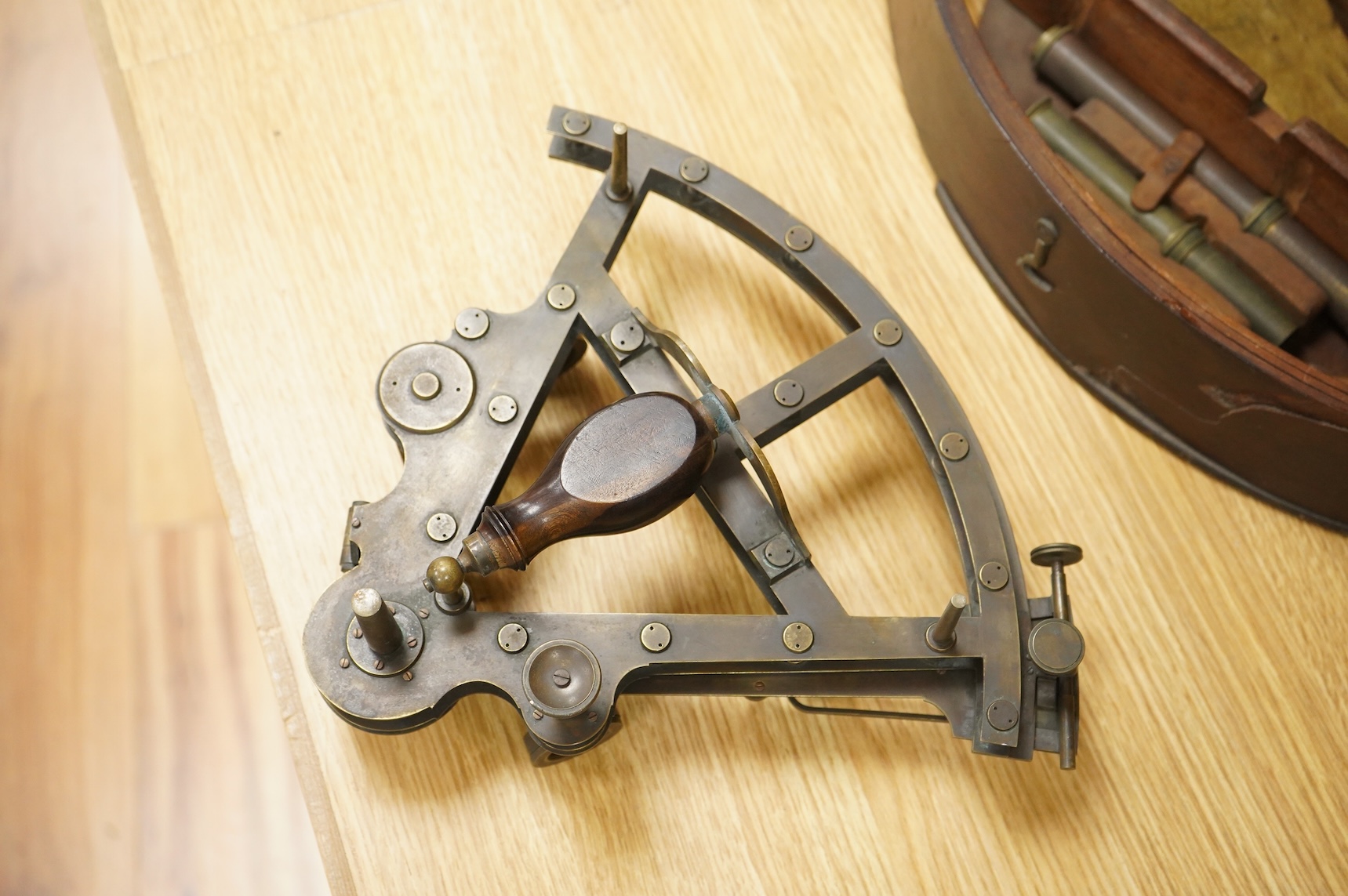 A mid 19th century brass and lacquered double frame sextant, by Troughton & Sims, London, number 2367, the mahogany case containing four interchangeable sighting telescopes, two eyepieces and an adjusting key
